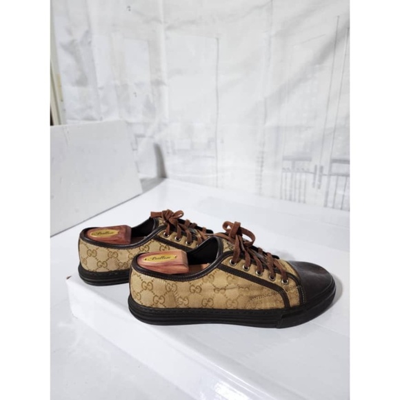 Authentic Gucci Leather And Monogram Canvas Lace Up Sneakers Brown/Beige Size 7. - Picture 9 of 16